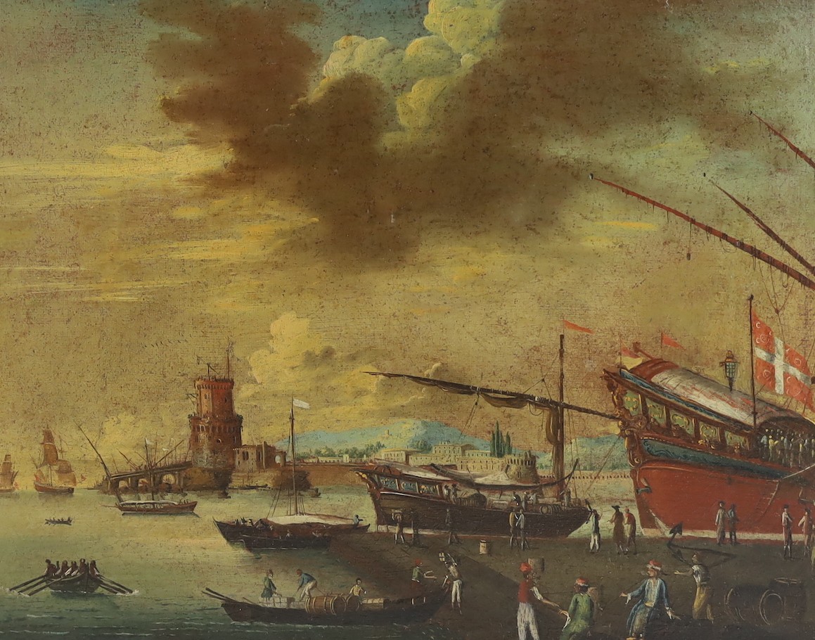 After Francesco Guardi (Italian, 1712-1793), Merchant vessels and other shipping along the shore, including an English warship and merchants barge, pair of oils on canvas, 46 x 60cm